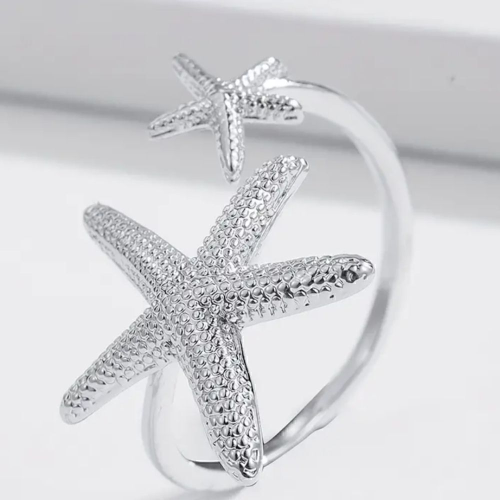 Starfish cuff ring silvertone